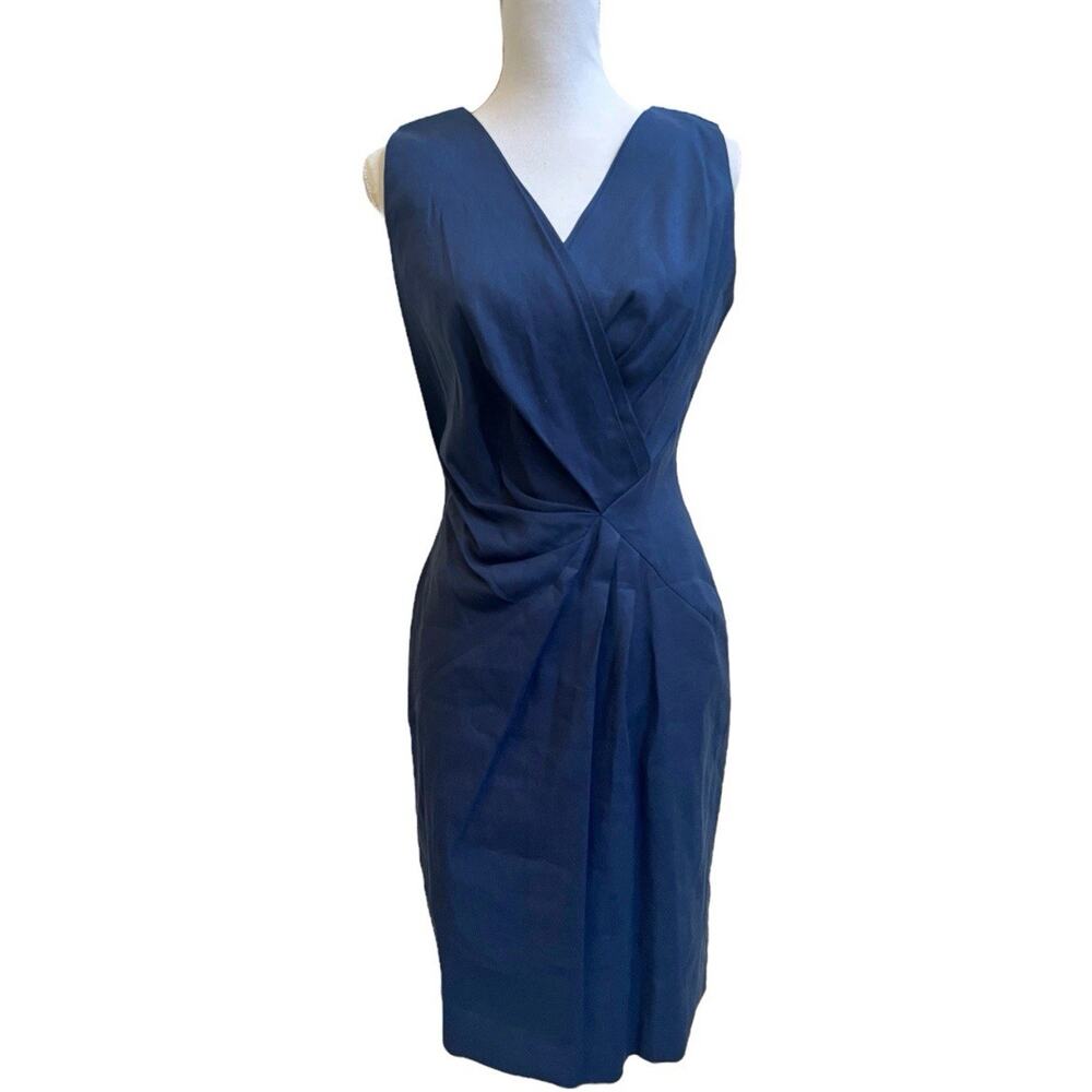 Lafayette 148 New York Linen Blend Sheath Dress Dark Blue Sz 8 Ruched Faux Wrap
